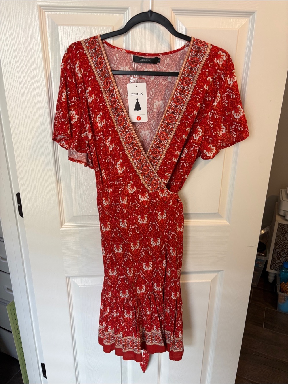 Zesica Red Floral Wrap Midi Dress